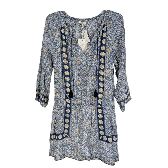 JOIE Almee Blue White Paisley Print Long Sleeve Short Dress Small Tassel Batik - Picture 1 of 8
